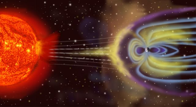 NASA artist's rendition of Earth's magnetosphere.  (Sun & Earth are actually MUCH further apart.)